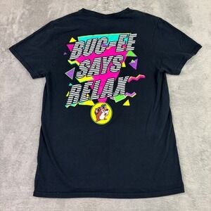Buc-ee's Mens M Black T-Shirt Buc-ee Says Relax Neon 80s Retro Graphic Tee